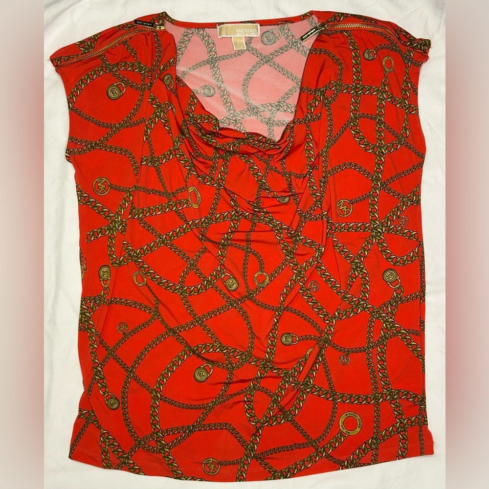 Michael Kors Women's Red‎ Shirt – Gold Chain Design & Shoulder Zippers